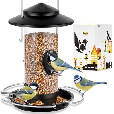 Produktbild von Vogelfutterstation Metall, Eichhörnchensicher, zum Aufhängen, kaufest, für draußen, 3 Sitzstangen, gebürstetes Schwarz