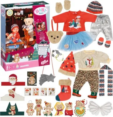 A collection of items from a BABY born Advent Calendar, including clothing, accessories, and small toys, arranged in a collage.