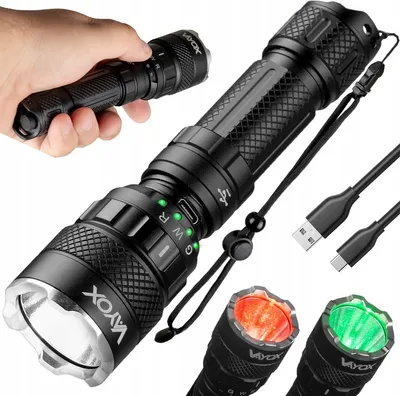 A collage of images showing a black flashlight, a hand holding a smaller flashlight, charging cables, and the flashlight head with red and green lights.