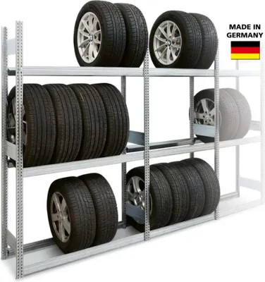 Produktbild von Reifenregal GRIP Stecksystem | Reifen inkl. Felgen | Tall | HxBxT 200x101x40cm | 3 Ebenen | Fachlast 250kg | Verzinkt