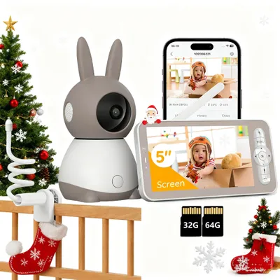 Obrázek produktu pro dětská chůvička 2K s kamerou a nočním viděním, 5palcová WiFi video chůvička, funkce interkomu, detekce pohybu, detekce teploty s držákem a 32&64G