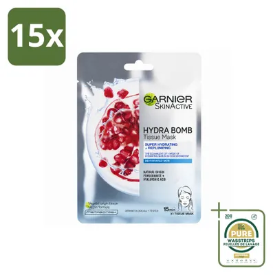 Imagen del producto de 15 mascarillas faciales desechables Garnier SkinActive Hydra Bomb con granada - Pack ahorro - 15 unidades
