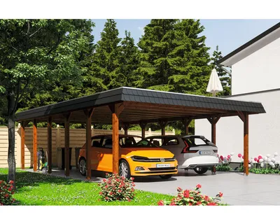 Produktbild von Doppelcarport SKAN HOLZ Spreewald schwarze Blende inkl. EPDM Folie, Pfostenanker 585 x 893 cm nussbaum