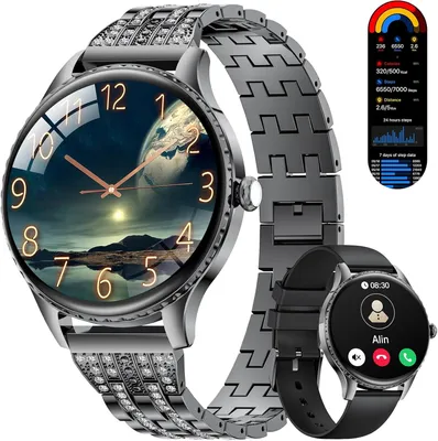 Smartwatch Damen Anruf 1.27" HD Elegant Diamant Frauen für Android iOS,100+Sportmodi,Herzfrequenz, Schlafmonitor, Menstruationszyklus, Kalorien