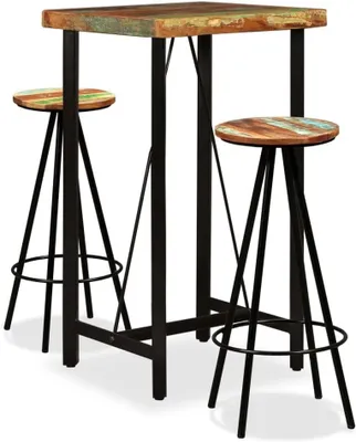 Produktbild von Bar-Set aus massivem Altholz und Stahl im Industrie-Stil mit Stehtisch und Barhockern