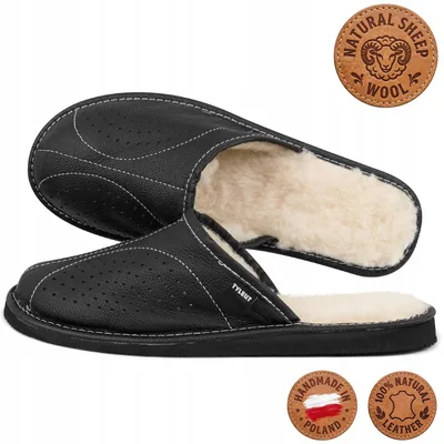 Productafbeelding van Heren slippers, leren, bekleed met schapenvacht, zwart, met de hand genaaid, maat 42