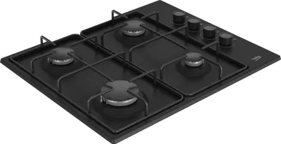 A black gas hob with four burners and control knobs, shown from a slightly elevated angle against a white background.