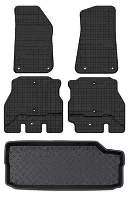 Image de Tapis en caoutchouc + bac de coffre pour Jeep Wrangler IV JL 2017- (avec caisson de basses) – 5 pièces, noirs, sur mesure