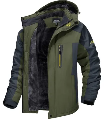 Produktbild von Herren Winter Fleecejacke Warm Gefüttert Winddicht Wasserdicht Abnehmbare Kapuze Armeegrün 3XL
