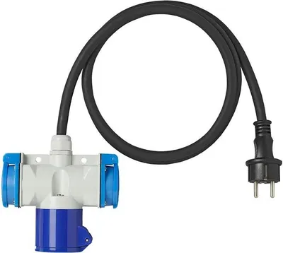 Produktbild von Adapterkabel 150cm 3x1,5mm² von Schuko Stecker nach 1xCEE + 2xSchuko Steckdose