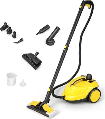 A yellow and black steam cleaner with various attachments is displayed against a white background.