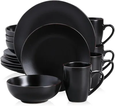 Obrázek produktu pro Servírovací sada – Černá – 16 kusů – Porcelán – Talíře – Sada talířů – Servírovací sada pro 6 osob – Sada talířů