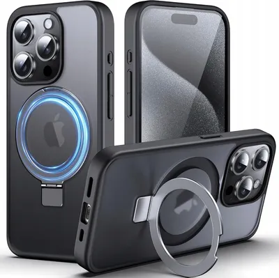 Zdjęcie produktu dla Etui iPhone 15 Pro Czarne MagSafe ring stojak Przezroczyste Ochronne