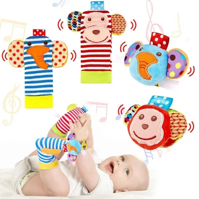 Produktbild von Baby Rasseln Spielzeug Socken und Handgelenk 4 Stück Tier Motiv für Neugeborene 0-6 Monate