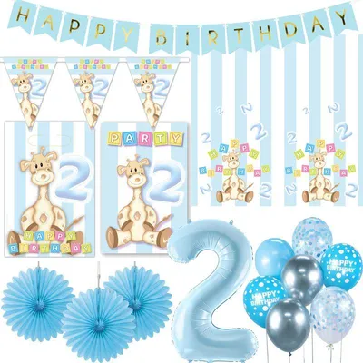 Produktbild von 2. Geburtstag Junge Deko Geburtstag Partyset Dekoration Giraffe Kindergeburtstag Zahl 2 hellblau