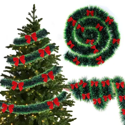 Image de Guirlande de Noël verte avec des rubans rouges, 2 mètres, en sapin artificiel