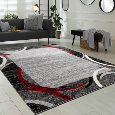 Produktbild von Wohnzimmer Teppich Bordüre Kurzflor Meliert Modern Hochwertig Grau Schwarz Rot Grösse 120x170 cm