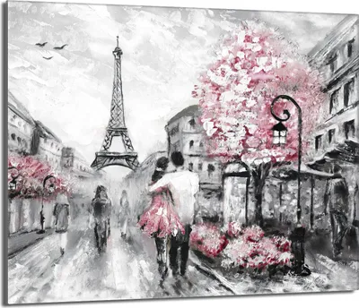 An impressionistic painting of a couple walking in Paris with the Eiffel Tower in the background and a blooming cherry blossom tree.