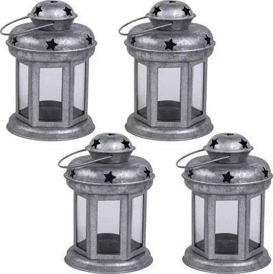 Zdjęcie produktu dla Marrakesh zestaw 4 dekoracyjnych lampionów vintage 13cm wykonanych z metalu i szkła | mini lampion jako dekoracja stołu dekoracja salonu | świecznik Eolea srebrny jako estetyczna dekoracja balkonu, tarasu i ogrodu