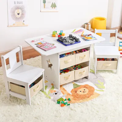 Produktbild von Yorbay Kindertisch mit 2 Stühle, Kindertisch mit Stauraum , 3tlg Kindersitzgruppe, Sitzgruppe für Kinder, Maltisch für Kinderzimmer, Weiß + Beige