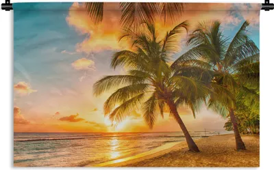 Produktbild von MuchoWow® Wandteppich Wandbehang Sonnenuntergang - Palme - Wolken - Meer - Strand 60x40 cm Tapisserie Dekoration Wandtuch - Wanddekorationen