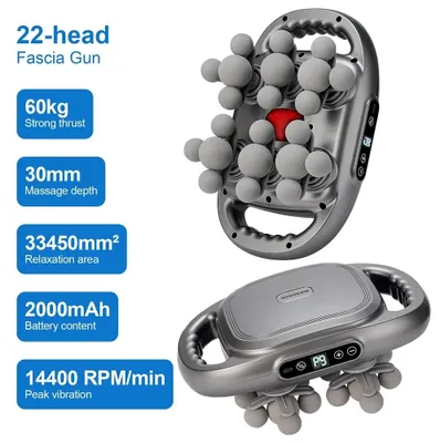 Produktbild von Massagepistole für Tiefengewebemassage - 22 Massageköpfe - 9 Geschwindigkeitsstufen - 22800 U/min - 40 kg Druckkraft - 25 mm Hub - Grau