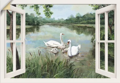 Produktbild von ARTland Wandbild, selbstklebend Fensterblick - Schwäne, weiß Größe: 70x50 cm