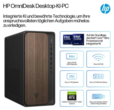 Immagine prodotto di HP OmniDesk AI PC M03-0475ng Intel Core Ultra 7 265 SSD UMA W11H Dark Wood - Core Ultra 7 - 2,4 GHz