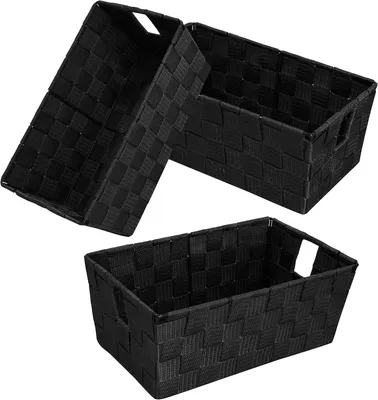 Image de Paniers de rangement avec poignées, lot de 3, couleur noire, dimensions 29 x 16,5 cm, pour chambre à coucher