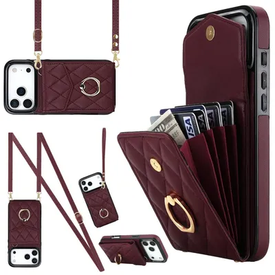 Obrázek produktu pro Crossbody pouzdro z umělé kůže pro Apple iPhone 17 Pro Max s kosočtvercovým vzorem a slotem na karty RFID, vínově červené