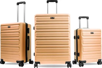 Three suitcases of varying sizes arranged on a white background.