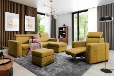 Produktbild von Ecksofa inkl. Hocker und Sessel CANTON Stoff Camelia Senfgelb Ottomane Rechts