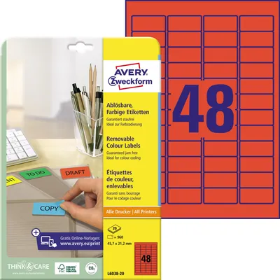 Produktbild von Avery Zweckform L6038-20 Farbige Etiketten, ablösbar, A4, 45,7 x 21,2 mm, 20 Bogen/960 Etiketten, rot