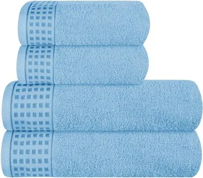 Obrázok produktu pre Sada ručníkov Unyqoos® – 4 kusy: 2 froté osušky 70 x 140 cm + 2 froté ručníky 50 x 90 cm, 100% bavlna, svetlomodrá farba, extra mäkké, vysoko savé, rýchlo schnúce, vhodné do práčky