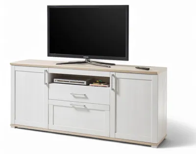 Image de Buffet TV HBZ Meble Romance en bois d'ingénierie, modèle Sibiu en mélèze/San Remo clair