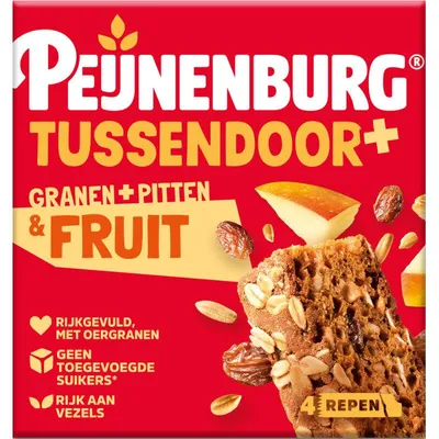 Obrázek produktu pro Peijnenburg Tussendoor+ Granen, Pitten & Fruit Snack, 147 g - Svačina bohatá na živiny se zrny, semeny a ovocem