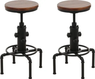 Two industrial-style bar stools with wooden seats and black metal bases are shown against a white background.