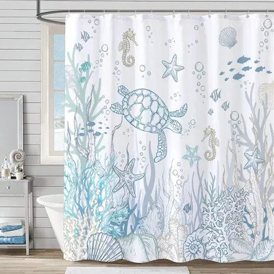 Productafbeelding van Unyqoos® douchegordijn, 180 x 180 cm, gemaakt van polyester, met motieven van zeepaardjes, koralen en zeesterren, waterafstotend, kreukvrij, inclusief 12 haken