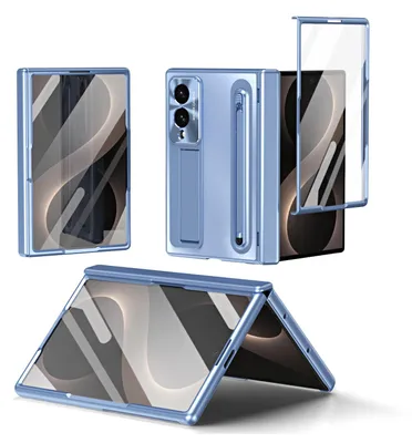 Image de Étui pour Samsung Galaxy Z Fold 8, en métal galvanisé, avec stylet S Pen et support pour stylet, film de protection d'écran, protection de la charnière et support intégré, couleur bleu