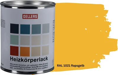 Produktbild von OELLERS Heizkörperlack DIY 1L – RAL 1021 Rapsgelb | Heizkörperfarbe & Heizungsfarbe | Hochdeckender Heizungslack | Hitzebeständig & langlebig