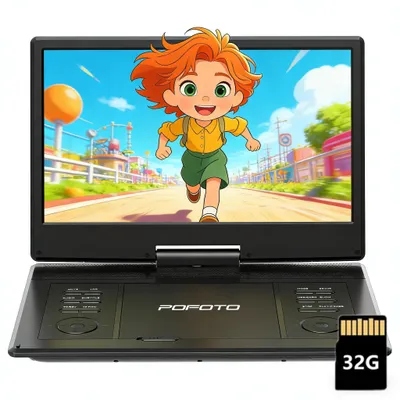 Image de Lecteur DVD portable POFOTO 15,7 pouces avec écran HD orientable de 14,1 pouces, autonomie de 6 heures, compatible avec plusieurs formats/SD/USB, connexion TV/vidéoprojecteur, avec carte TF de 32 Go