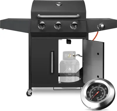 Produktbild von BBQ Gasgrill - 3+1 Brenner - 24.000 BTU - Seitenbrenner & Seitentisch - Edelstahl - Porzellan-emailliert - Wagenmodell - Erdgas - Schwarz