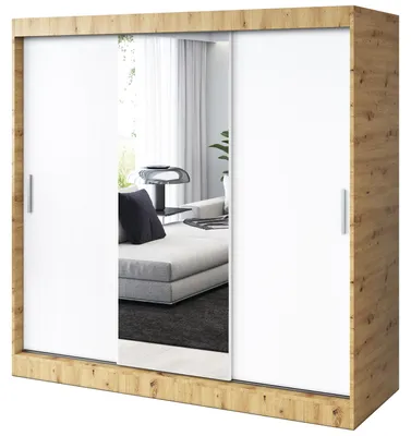 Zdjęcie produktu dla Szafa przesuwna - 200x200cm -Dąb Artisan / Biały Mat - Szafa przesuwna HUGO -3-drzwiowa z 4 drążkami