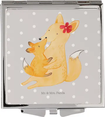 Produktbild von Mr. & Mrs. Panda Kleiner Spiegel Fuchs Mama - Grau Pastell - Geschenk, Handspiegel, Kosmetikspiegel, Umarmen, Schoß, Schminkspiegel, Frauen, Taschenspiegel, Muttertag