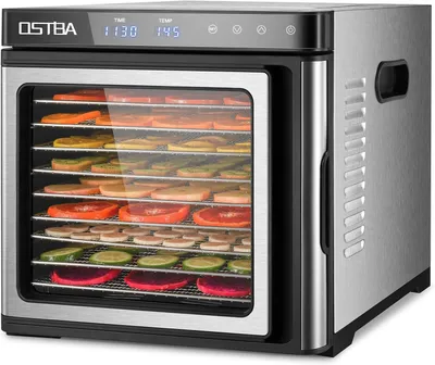 Immagine prodotto di Essiccatore per alimenti in acciaio inossidabile OSTBA, 1000 W, con controllo della temperatura (35-75 °C) e timer a 48 ore, dotato di 9 vassoi in acciaio inossidabile per l'essiccazione