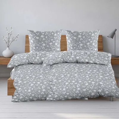 Produktbild von Seersucker Bettwäsche-Set Blumenmuster Silber Grau, 135x200cm & 80x80cm, 100% Polyester, Bügelleicht