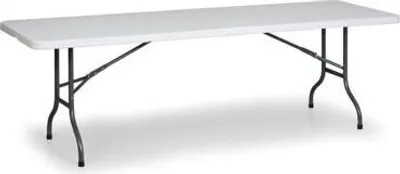 A white rectangular folding table with gray metal legs is shown against a white background.