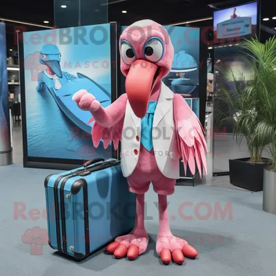 Produktbild von Himmelblauer REDBROKOLY Flamingo Maskottchen Kostüm charakter bekleidet mit einer Überwurfdecke und Aktentaschen