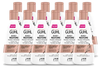 Imagen del producto de 12 champús Guhl Bond+ Restore para cabello dañado, 250 ml cada uno. Paquete económico con 12 unidades