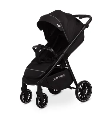 A black baby stroller on a white background.